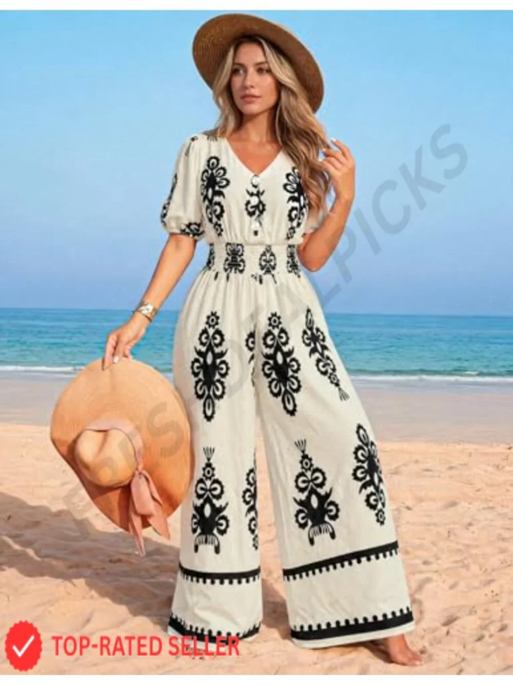 Women's V-Neck Wide Leg Jumpsuit with Pockets, Smocked Waist